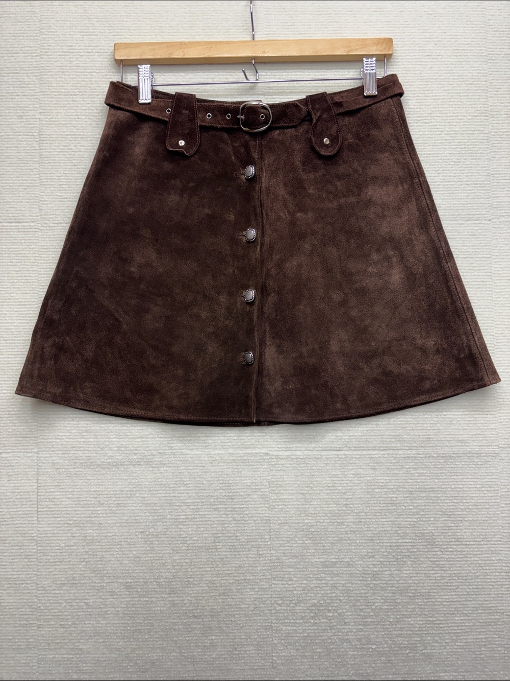 Leather Women's Suede Button-Front Skirt in Dark Brown with belt